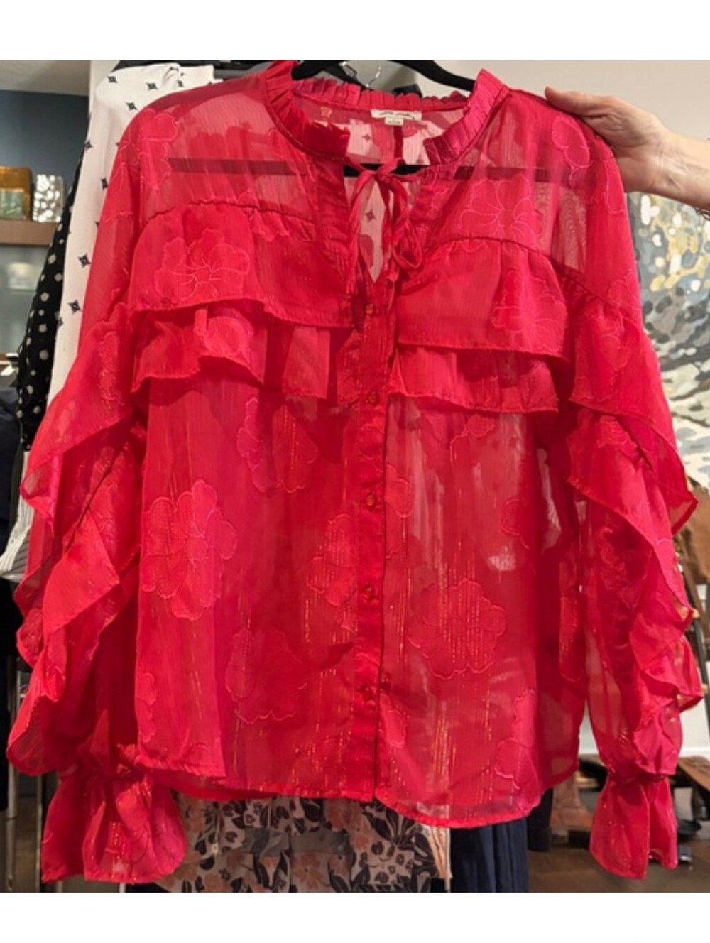 👒Ultra ruffled button up sheer floral print blouse with front tie
